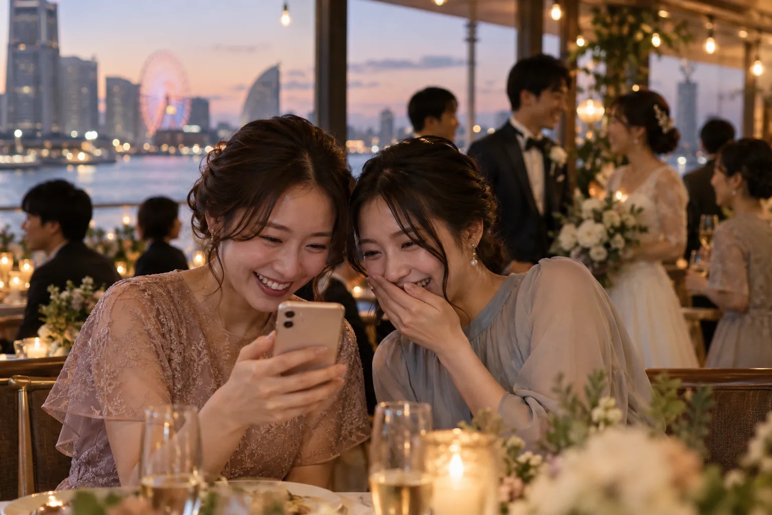 海の見えるレストランウェディングで、2人の女性ゲストがスマートフォンを見ながら笑っている様子