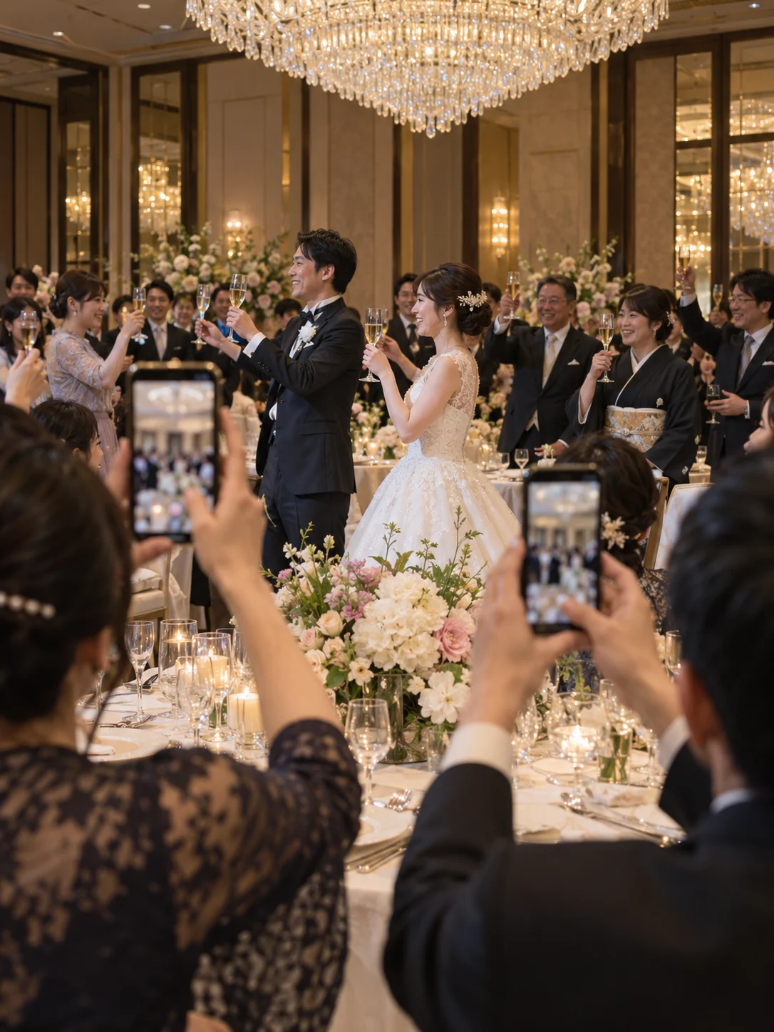 ホテルの披露宴で、乾杯する新郎新婦をゲストがスマホで撮影している