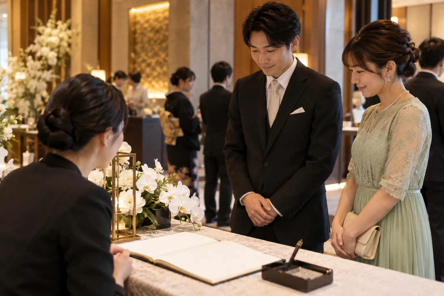ホテルの披露宴会場の受付に置かれた白い芳名帳と筆ペン、記帳を待つゲスト