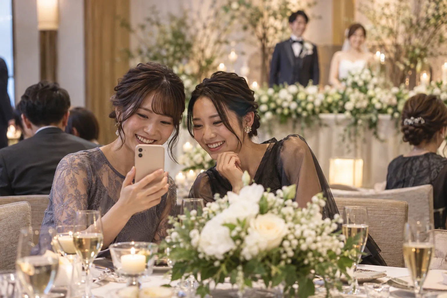 披露宴の円卓で、2人の女性ゲストがスマートフォンの写真を見て笑っている様子