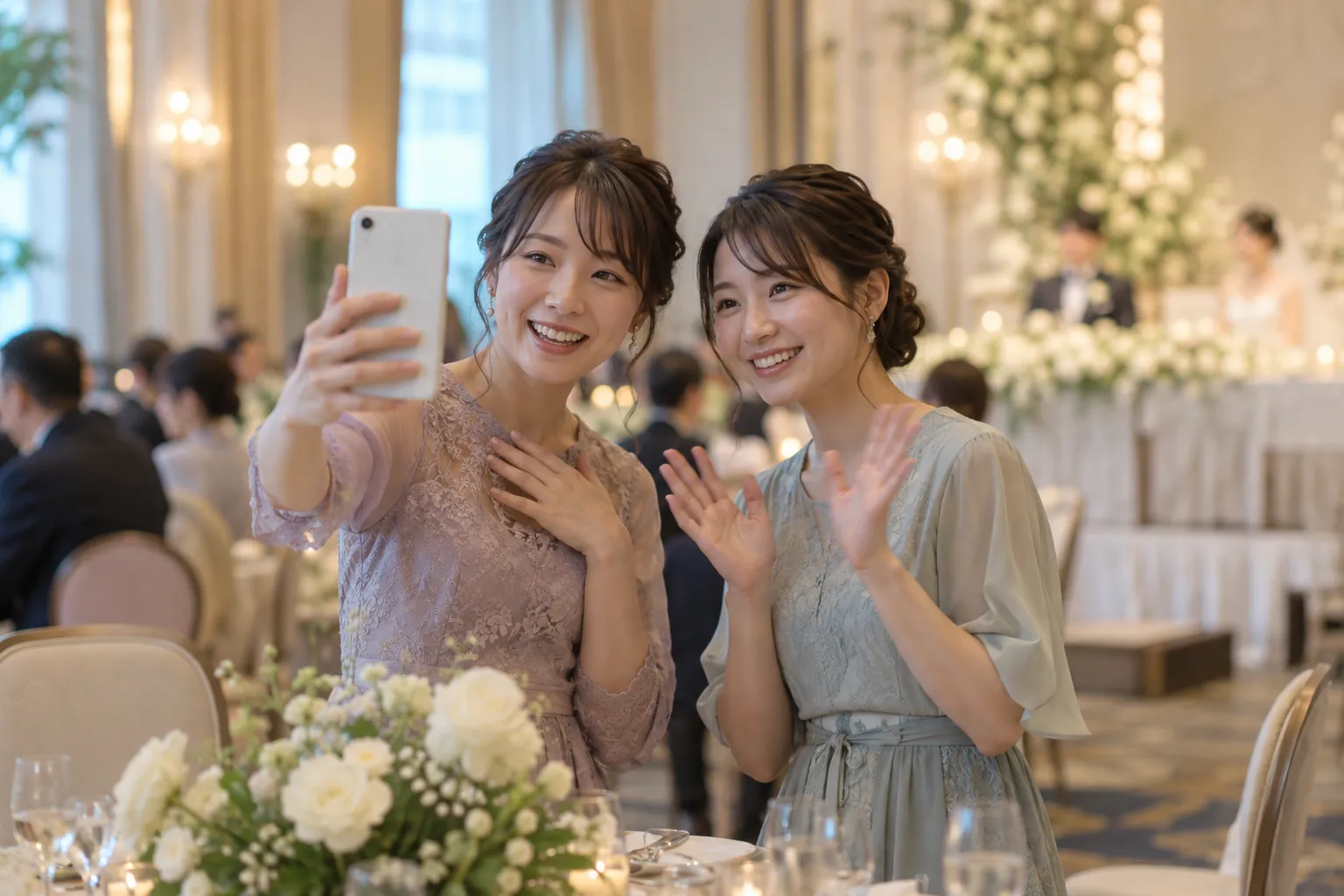 披露宴会場で、女性ゲスト二人がスマートフォンで新郎新婦へのメッセージ動画を撮っている様子