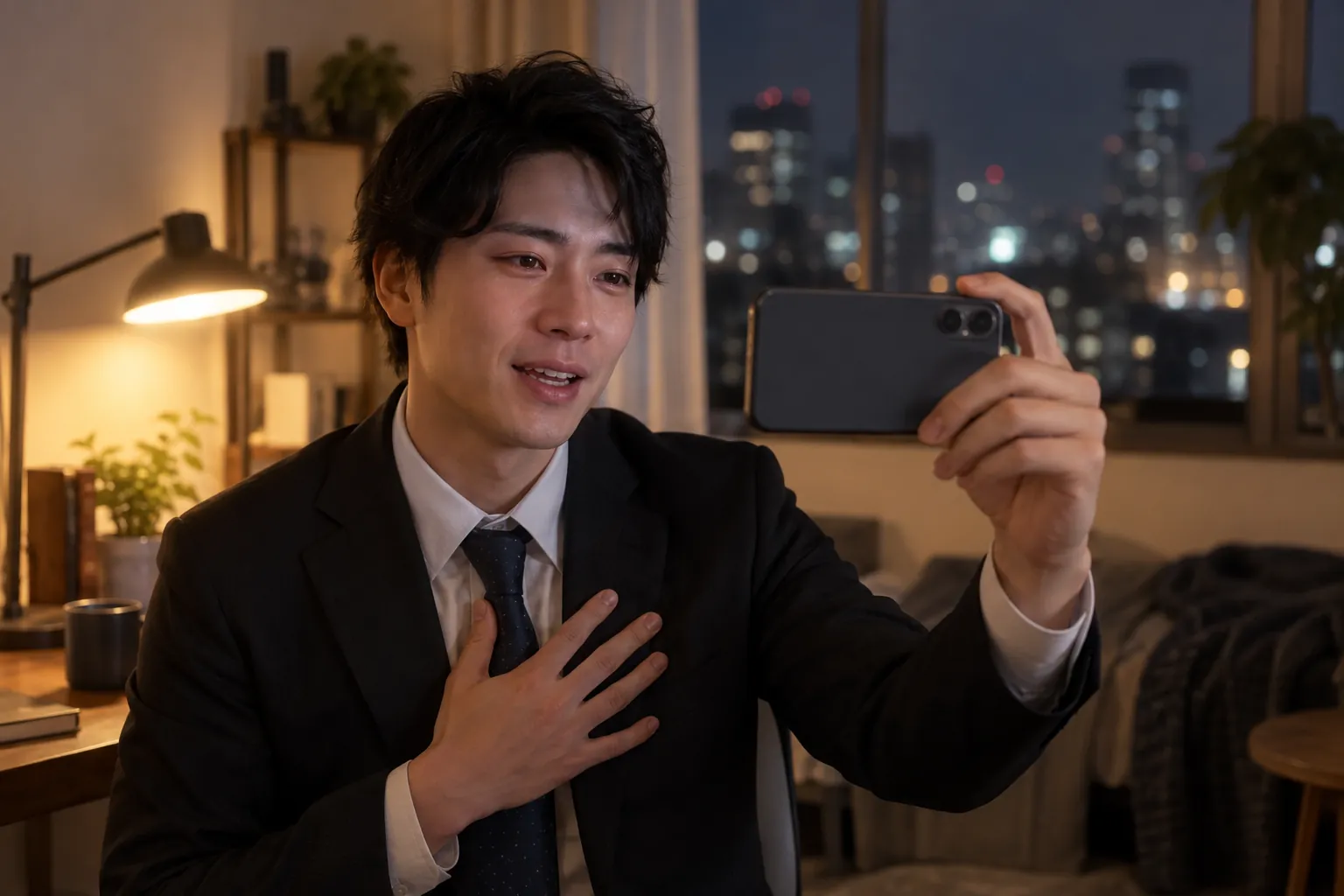 出席できないゲストが、夜の自宅でスマートフォンを横にしてビデオレターを撮っている様子