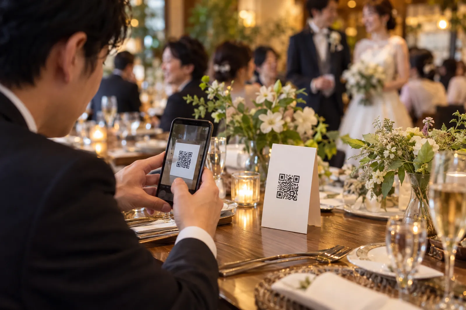 結婚式の披露宴で、ゲストがスマートフォンで席札のQRコードを読み取っている様子