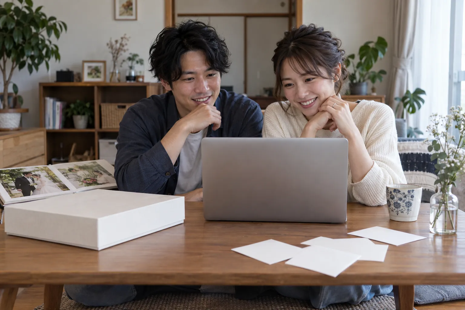自宅のテーブルでノートパソコンを一緒に見る新郎新婦。横に白いアルバムの箱