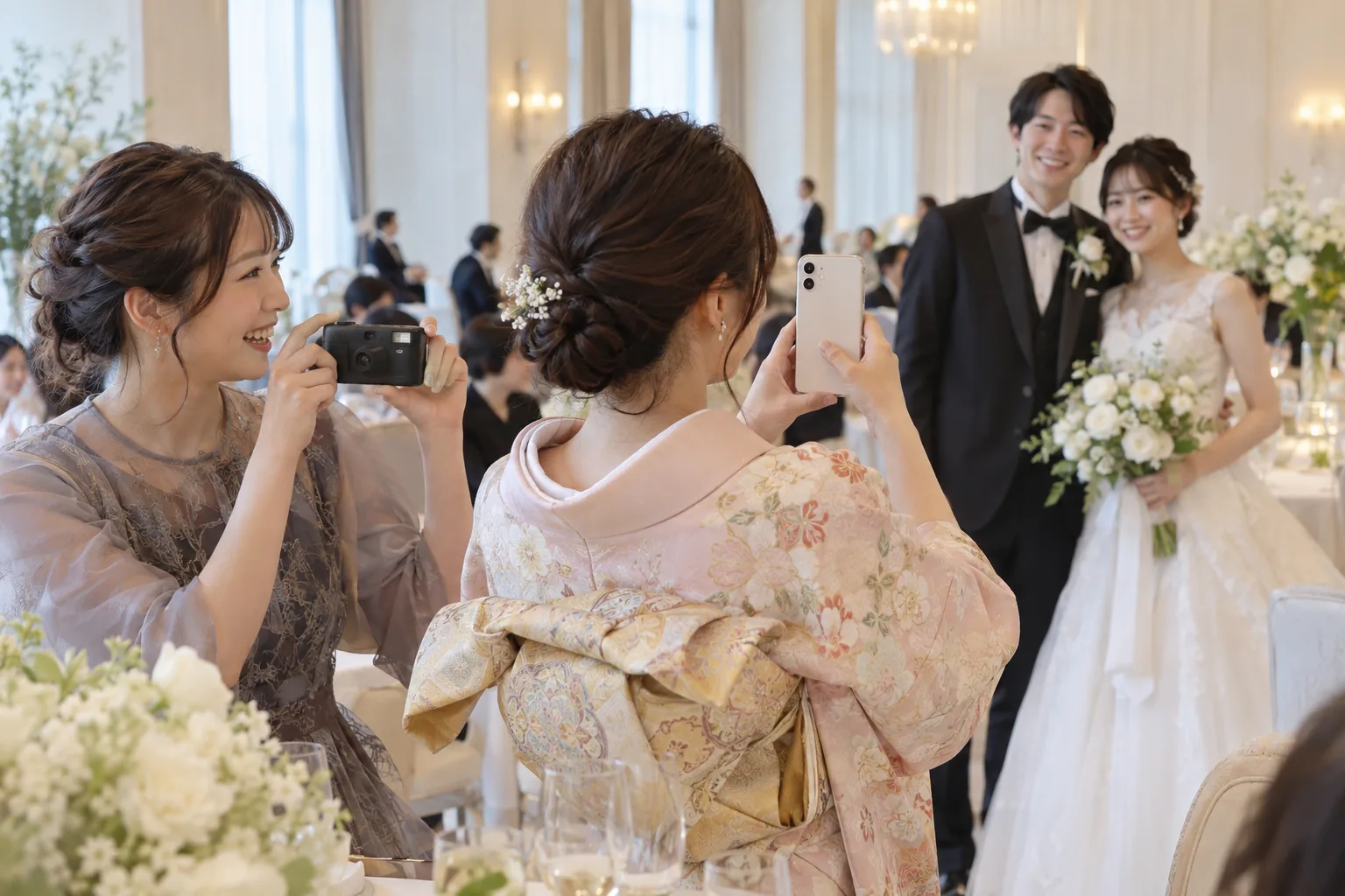 ホテルの披露宴で、女性ゲストが使い捨てカメラを持ち、隣の友人がスマートフォンで新郎新婦を撮っている様子