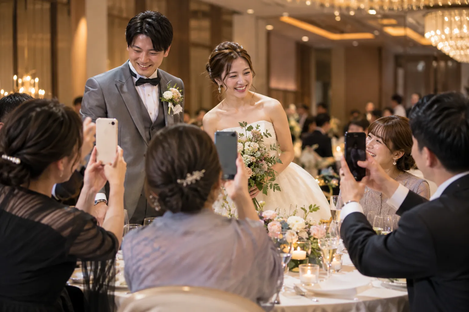 ホテルの披露宴で、テーブルを回る新郎新婦をゲストがスマートフォンで撮影している様子